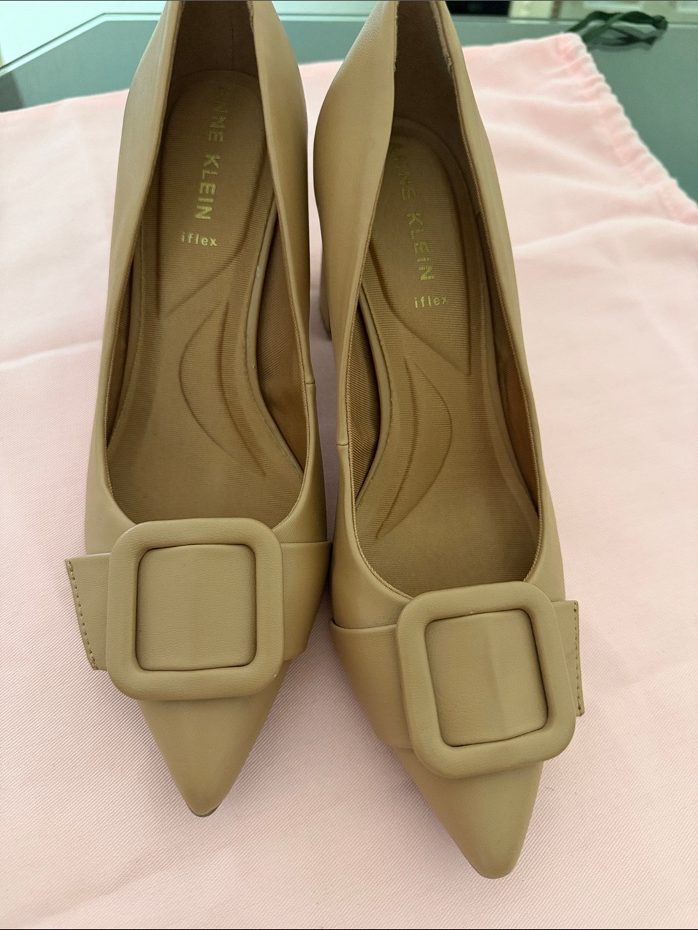 Anne Klein Beige Pointed-Toe Buckle Pumps
